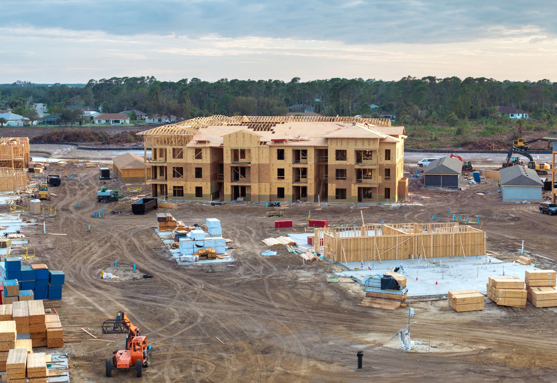 Wooden frames of new Florida apartment condos under construction. Development of residential housing in the USA